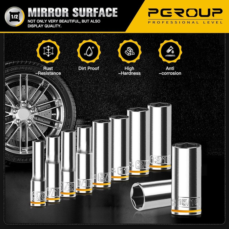 pgroup 10PCS 1/2” Drive Deep Socket Set, SAE (3/8"-15/16"), 6-Point, Cr-V Steel, Chrome Plated Socket With Hanging Bracket, Cover Most Commonly Sizes - Image 4